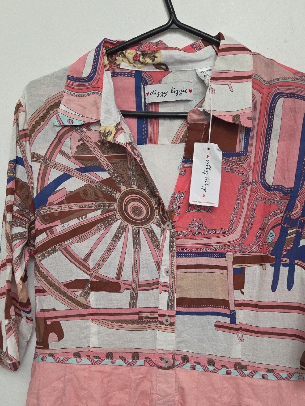 Dizxy Lizzie Wheel Patterned Button-Front Flared Summer Riviera Sz L Midi Dress - Picture 2 of 12